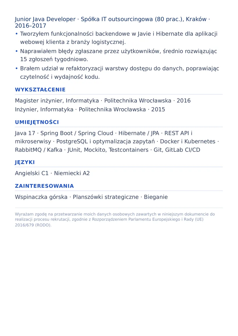 Wzór CV — Programista Java — strona 2