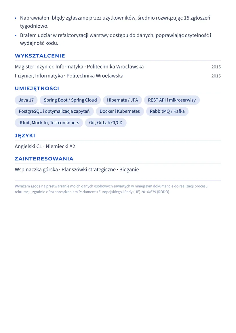 Wzór CV — Programista Java — strona 2
