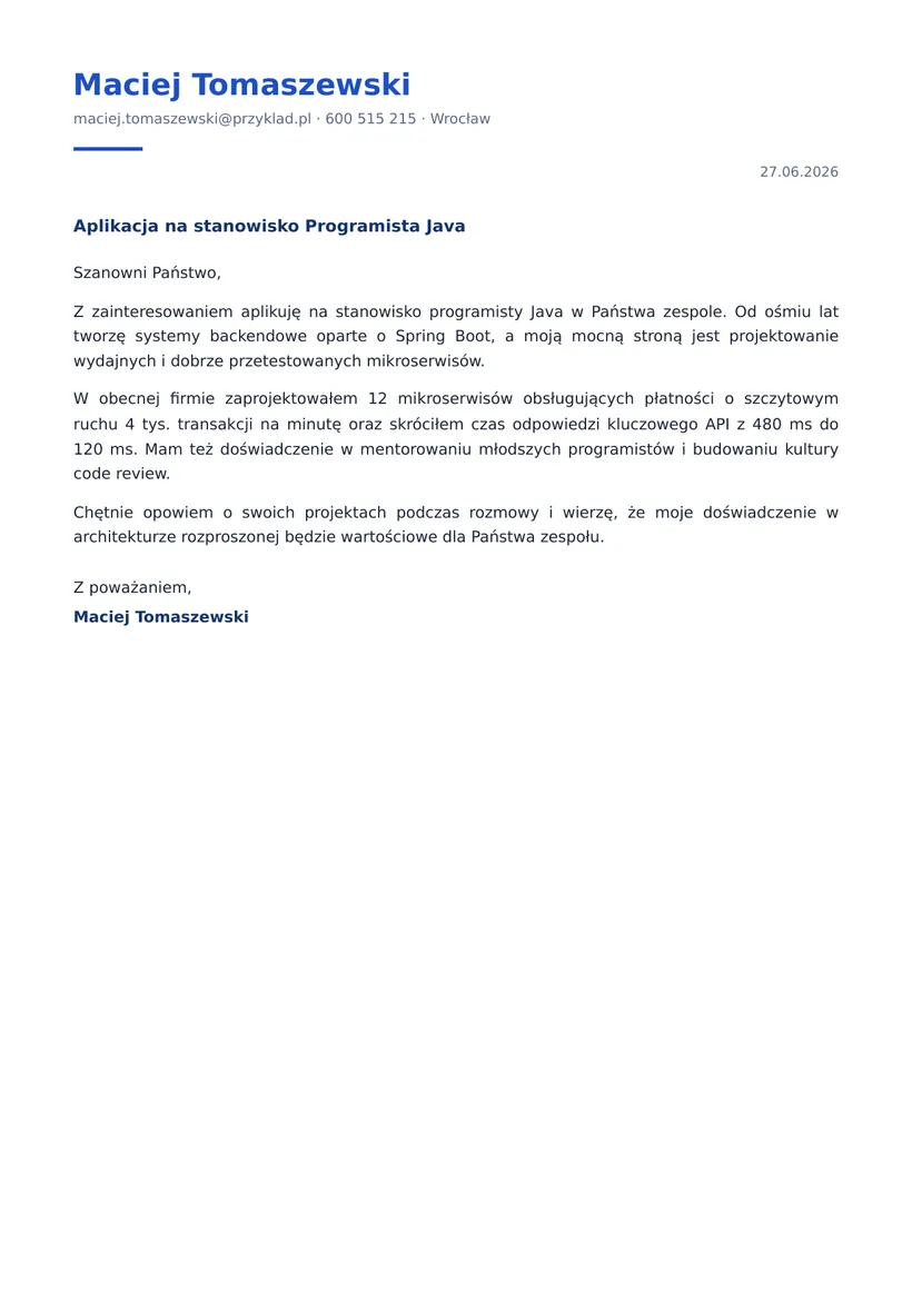 Wzór listu motywacyjnego — Programista Java