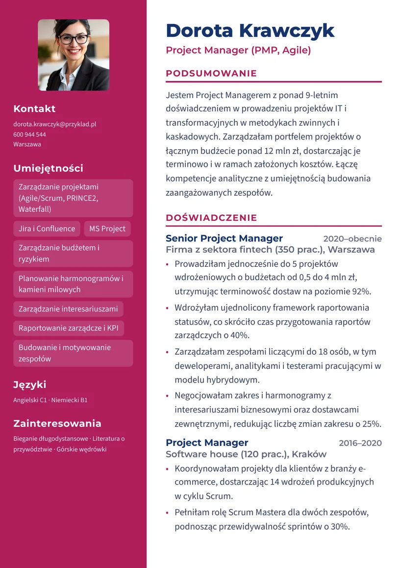 Wzór CV — Project Manager — strona 1