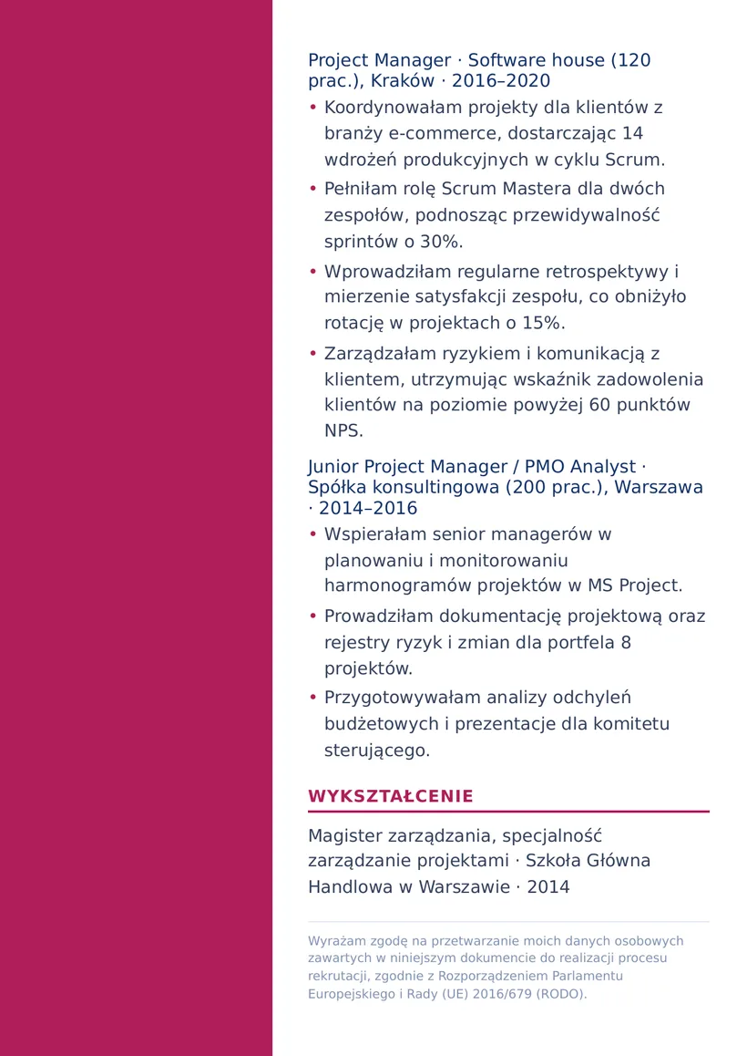 Wzór CV — Project Manager — strona 2