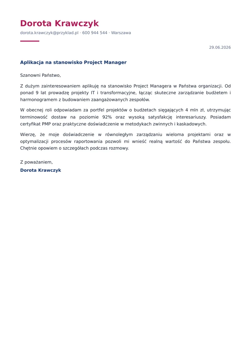 Wzór listu motywacyjnego — Project Manager