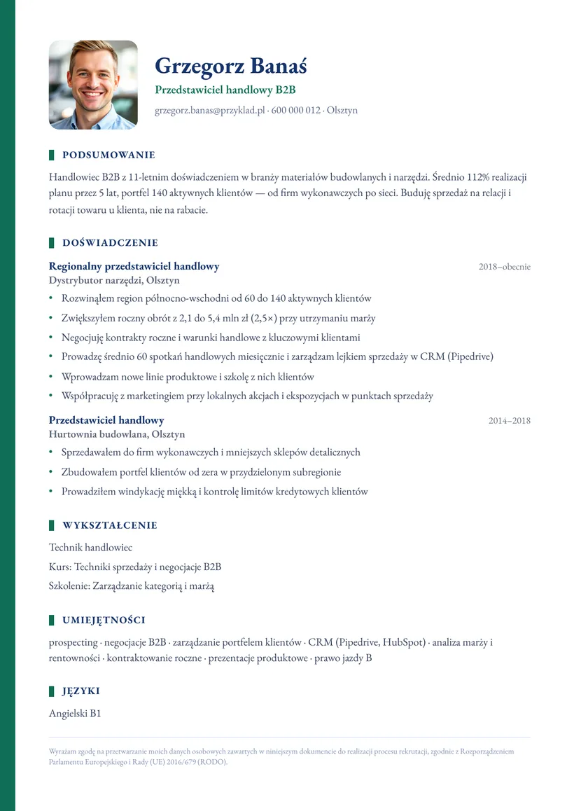 Wzór CV — Przedstawiciel handlowy B2B — strona 1