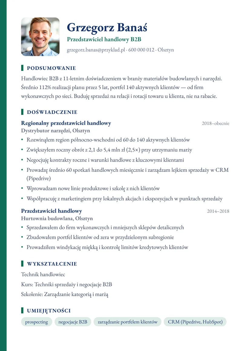 Wzór CV — Przedstawiciel handlowy B2B — strona 1