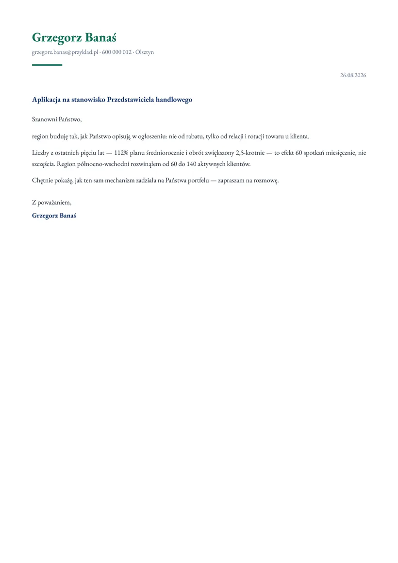 Wzór listu motywacyjnego — Przedstawiciel handlowy B2B