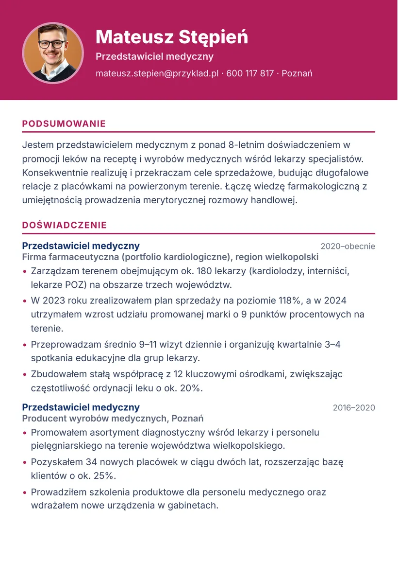 Wzór CV — Przedstawiciel medyczny — strona 1