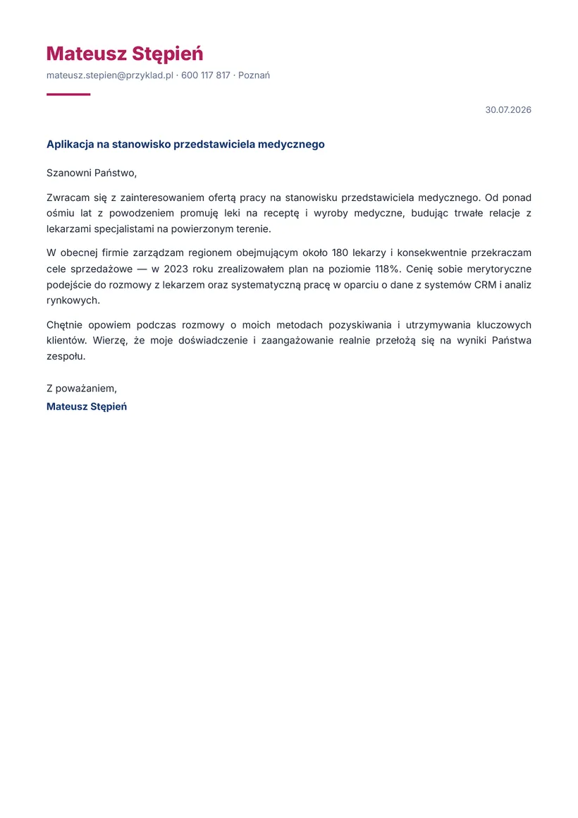 Wzór listu motywacyjnego — Przedstawiciel medyczny