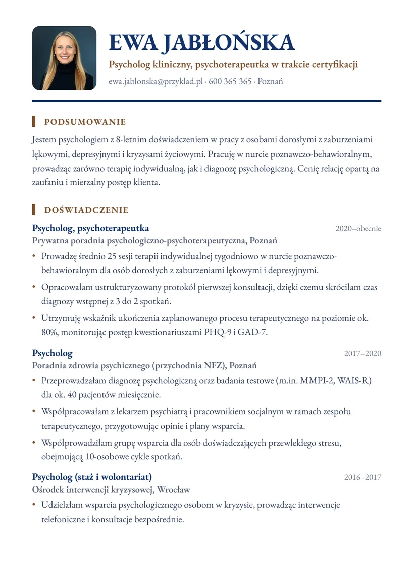 Wzór CV — Psycholog — strona 1