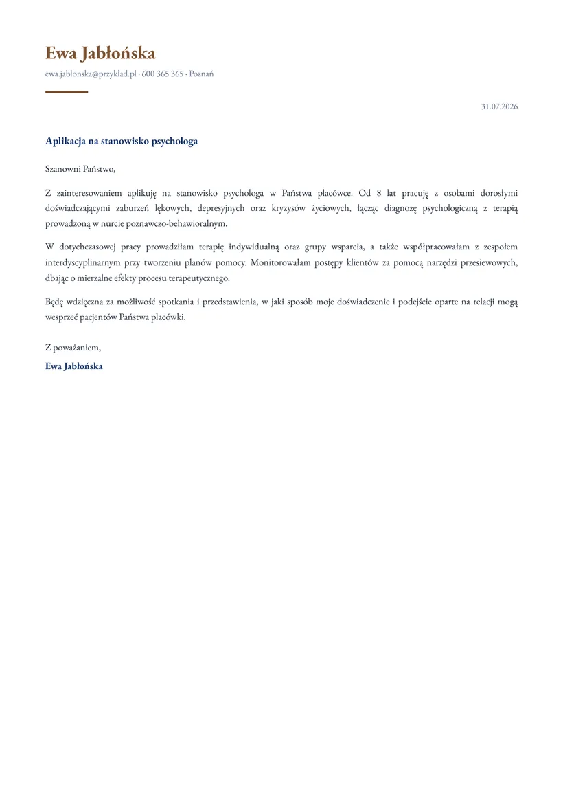 Wzór listu motywacyjnego — Psycholog