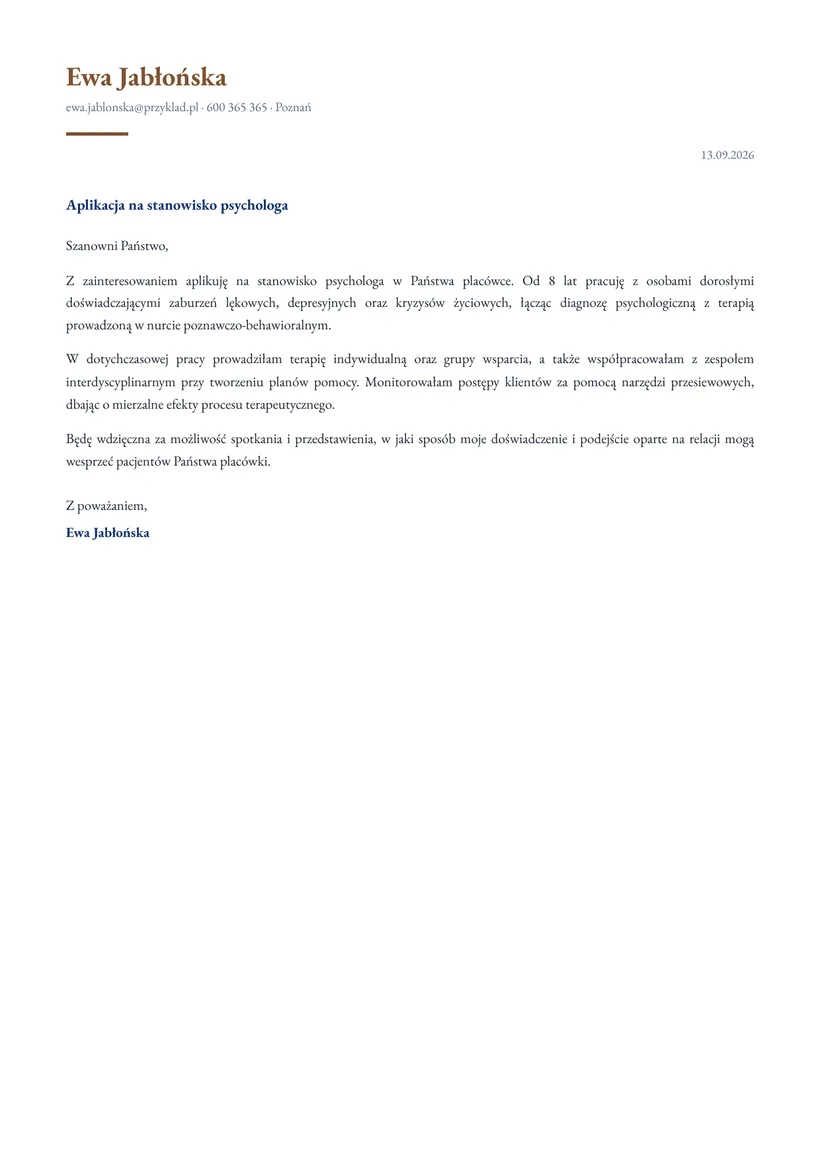 Wzór listu motywacyjnego — Psycholog