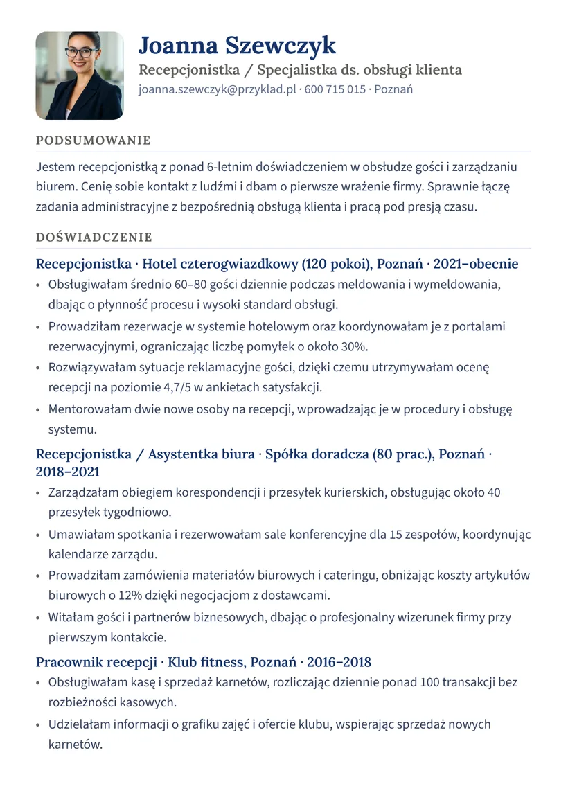 Wzór CV — Recepcjonista / recepcjonistka — strona 1
