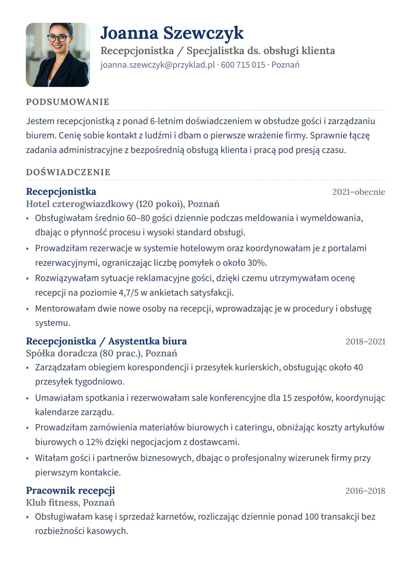 Wzór CV — Recepcjonista / recepcjonistka — strona 1