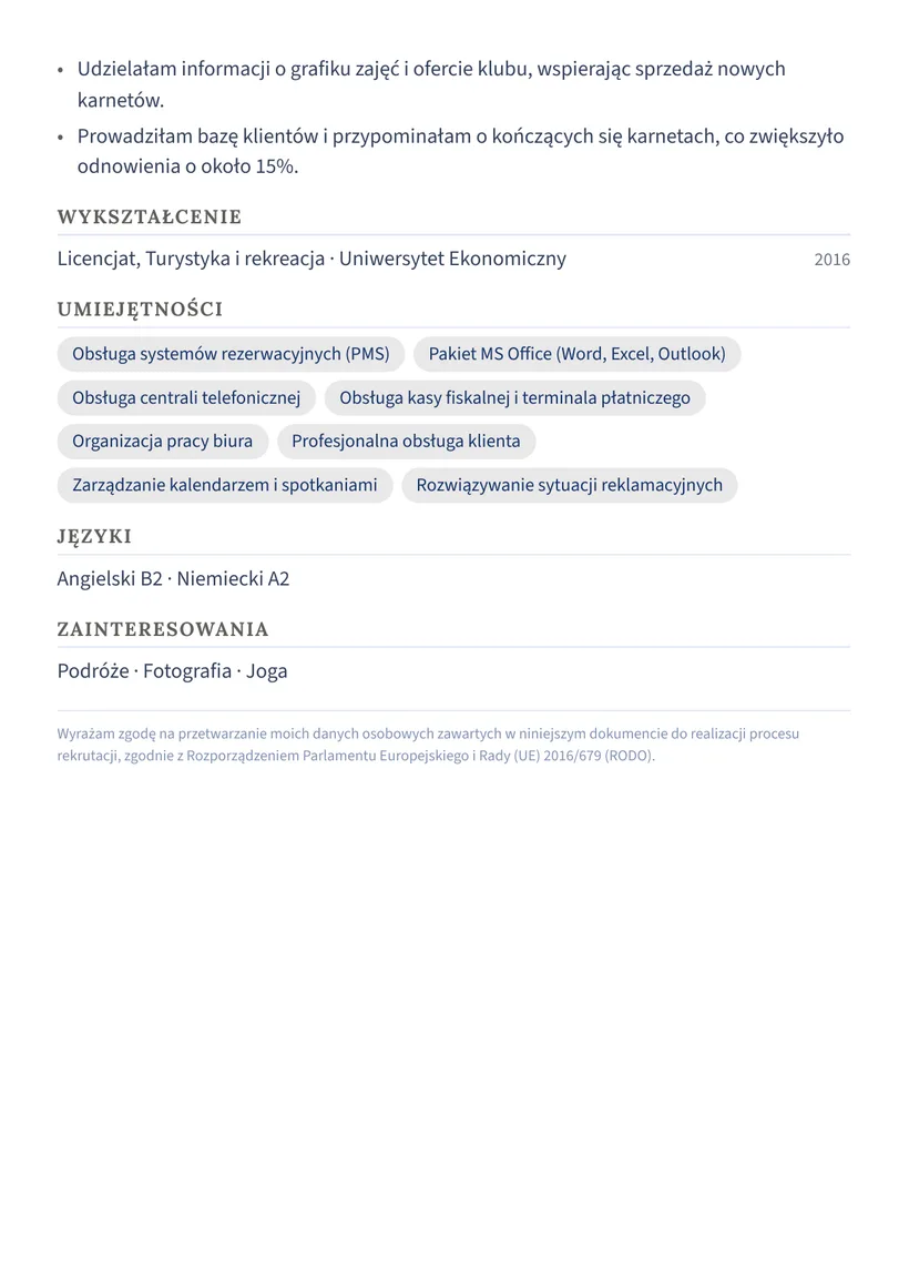 Wzór CV — Recepcjonista / recepcjonistka — strona 2