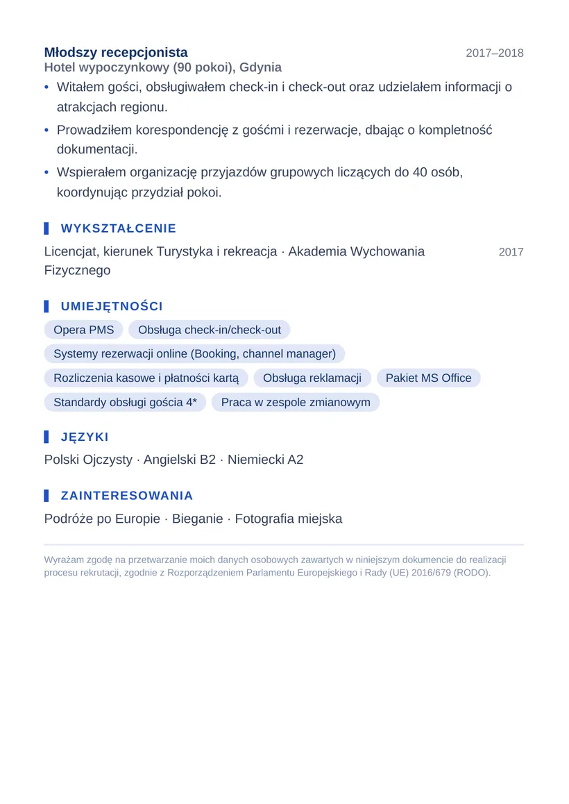 Wzór CV — Recepcjonista hotelowy — strona 2