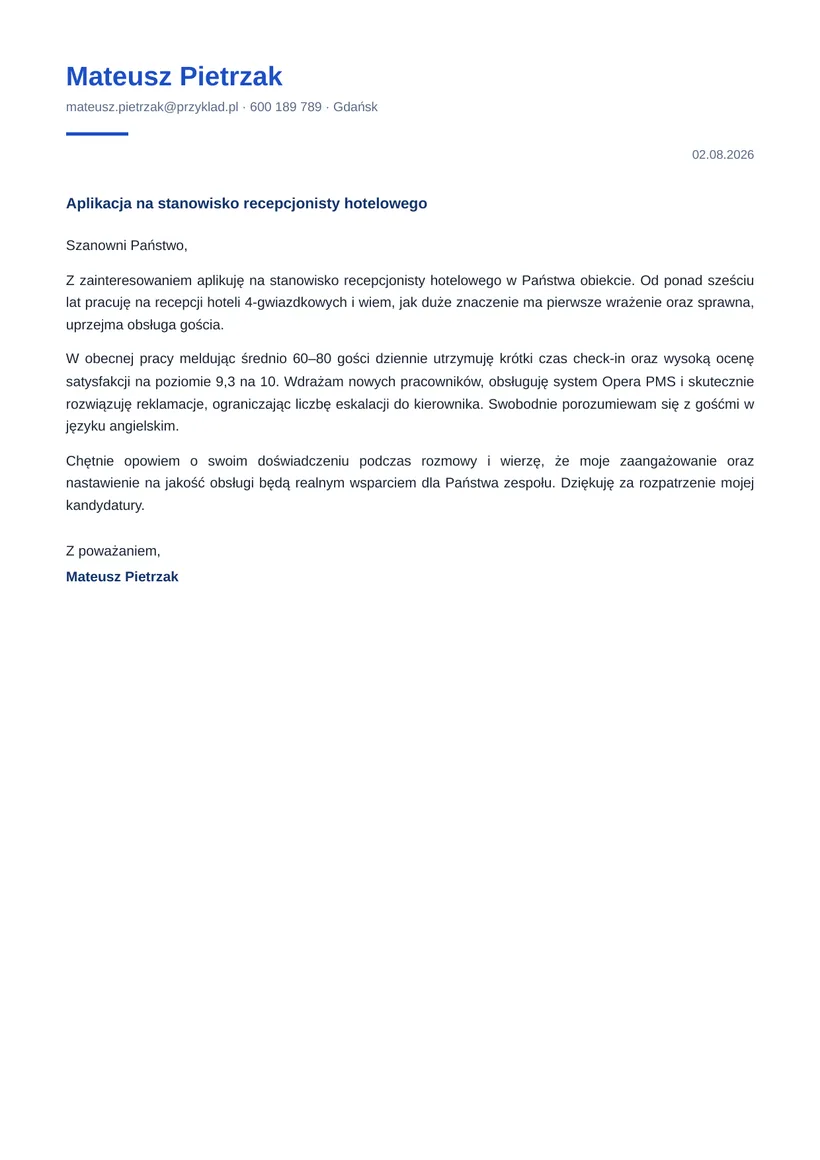 Wzór listu motywacyjnego — Recepcjonista hotelowy
