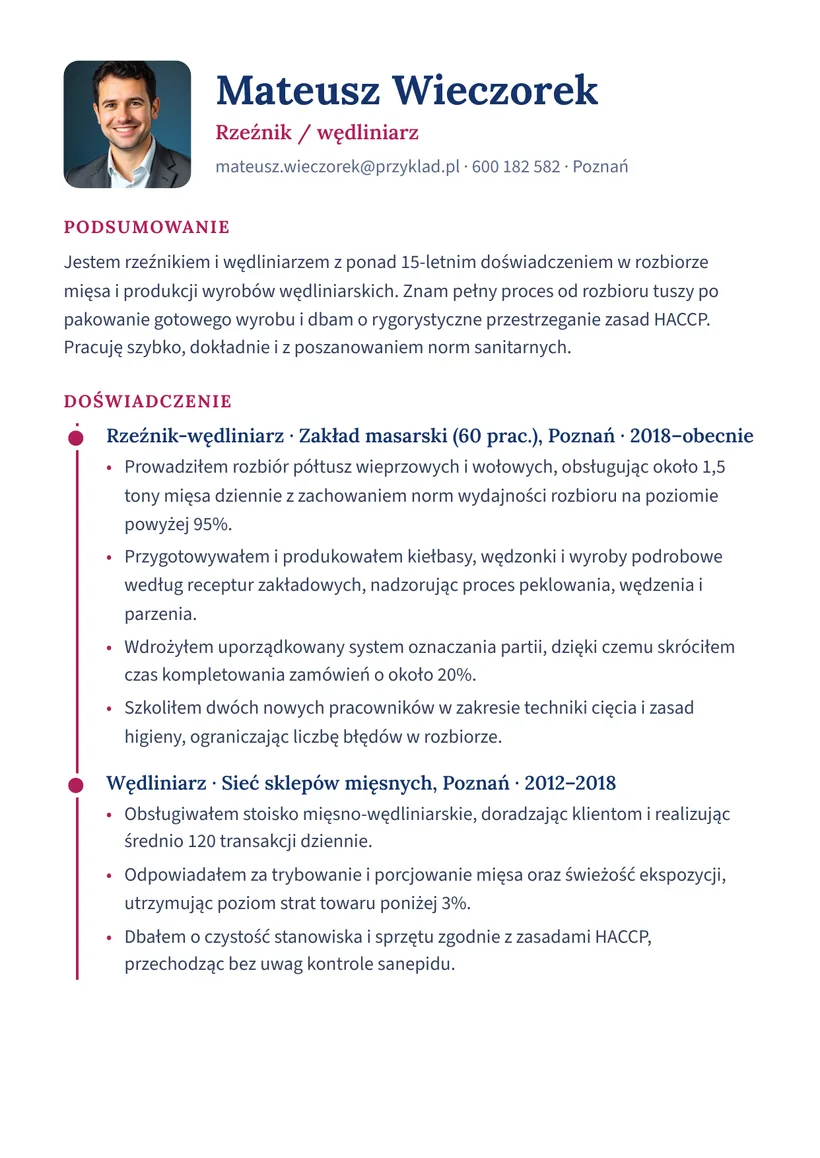 Wzór CV — Rzeźnik / wędliniarz — strona 1