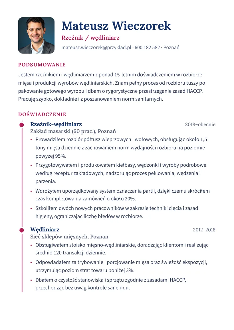 Wzór CV — Rzeźnik / wędliniarz — strona 1