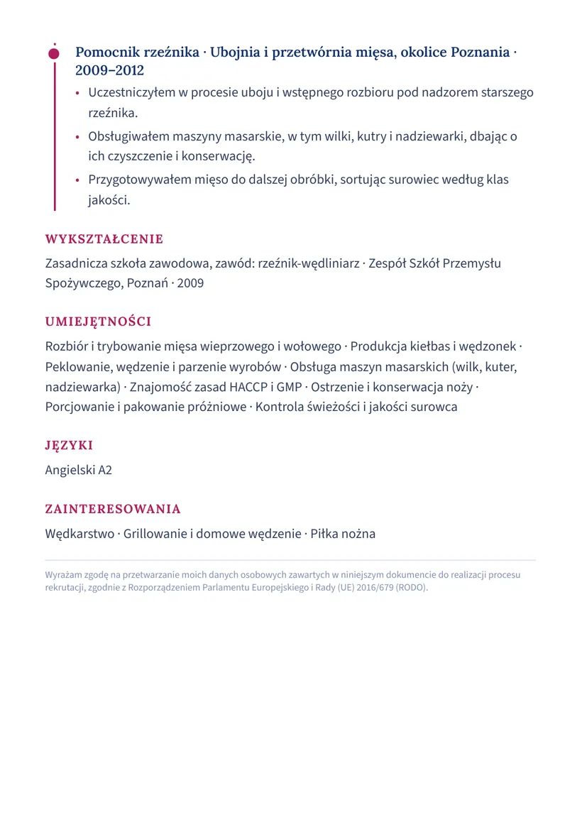Wzór CV — Rzeźnik / wędliniarz — strona 2