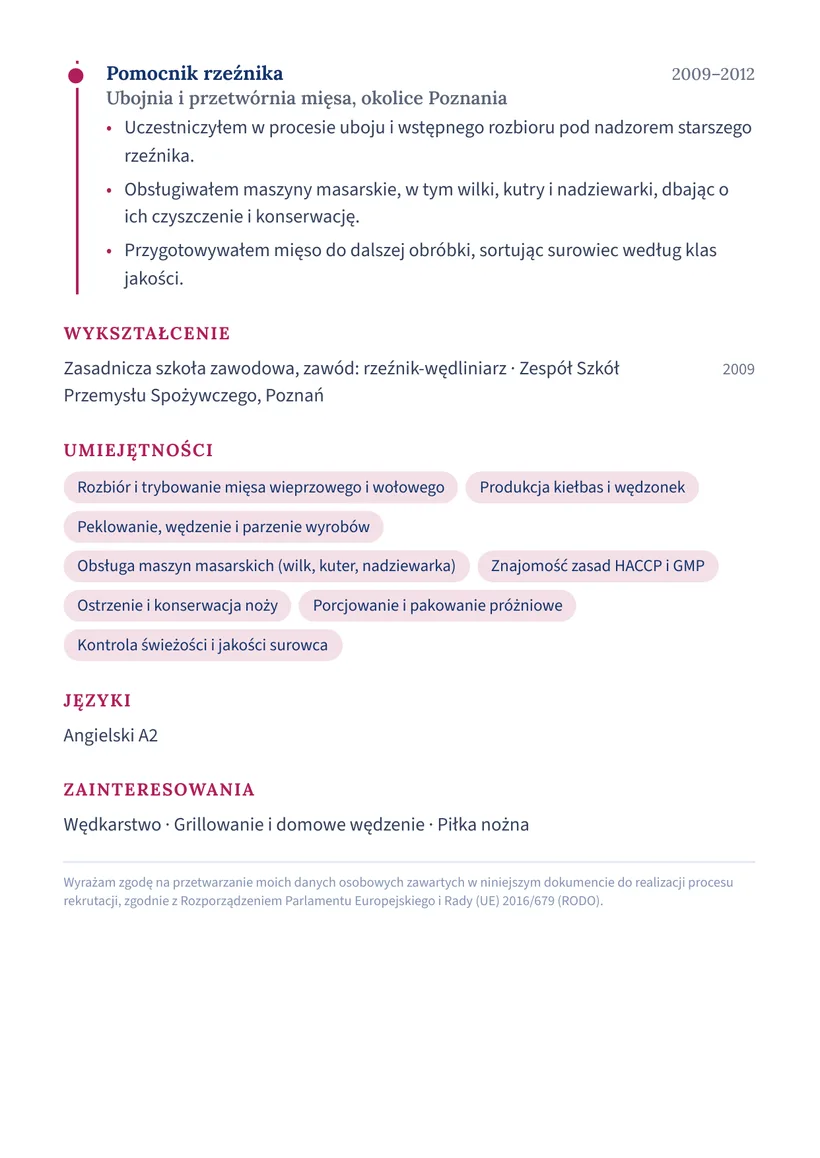 Wzór CV — Rzeźnik / wędliniarz — strona 2