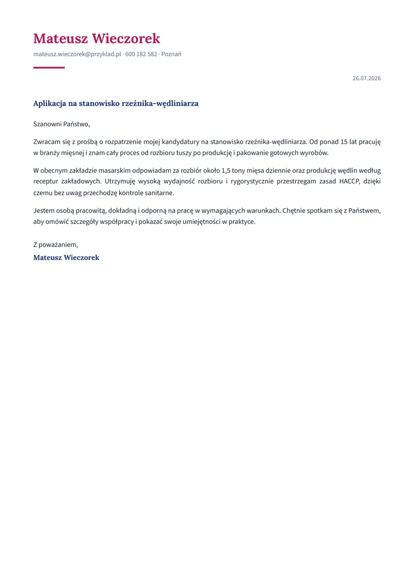 Wzór listu motywacyjnego — Rzeźnik / wędliniarz