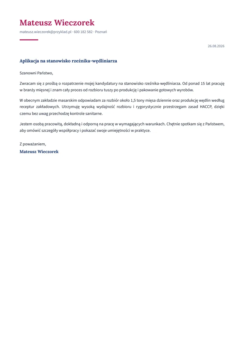 Wzór listu motywacyjnego — Rzeźnik / wędliniarz