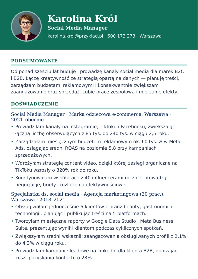 Wzór CV — Social Media Manager — strona 1