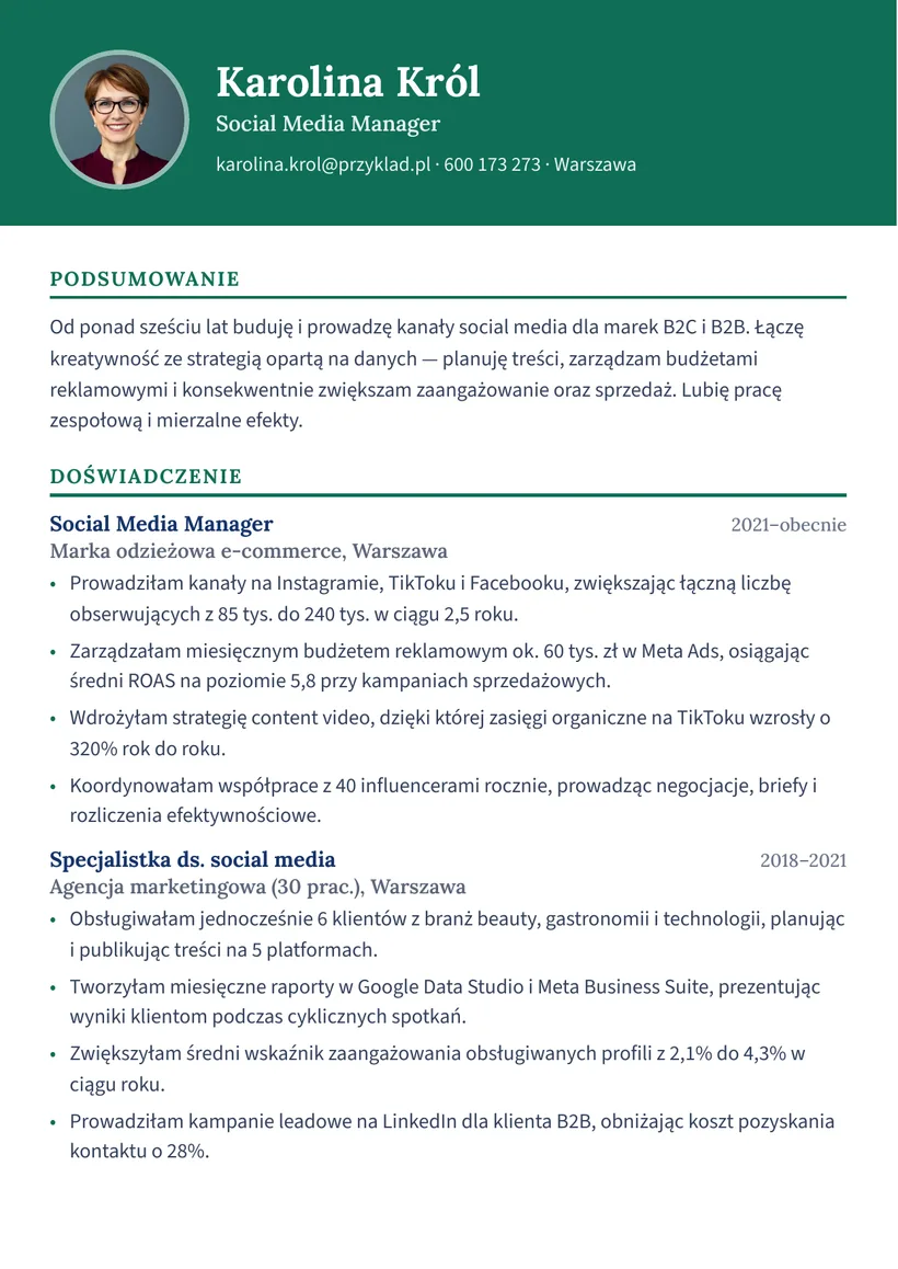 Wzór CV — Social Media Manager — strona 1