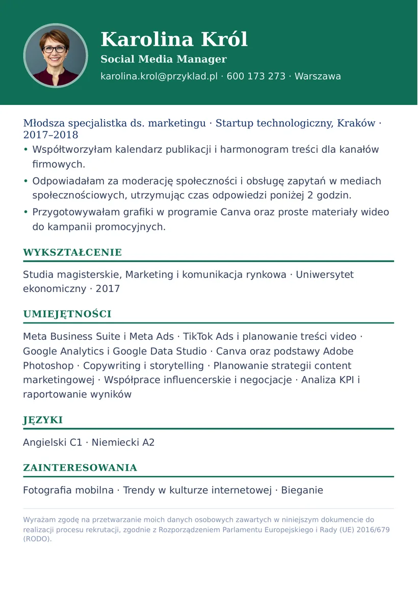 Wzór CV — Social Media Manager — strona 2