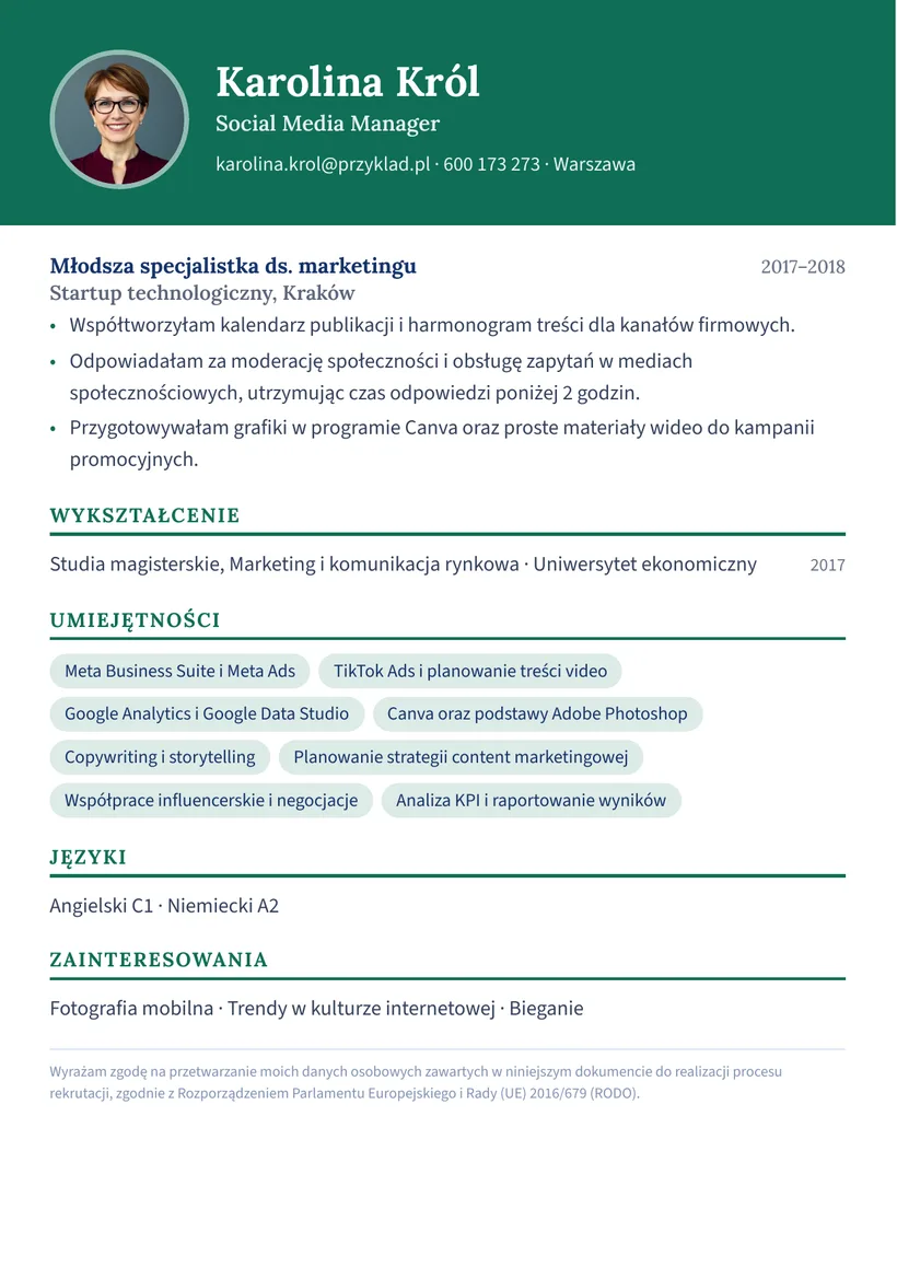 Wzór CV — Social Media Manager — strona 2