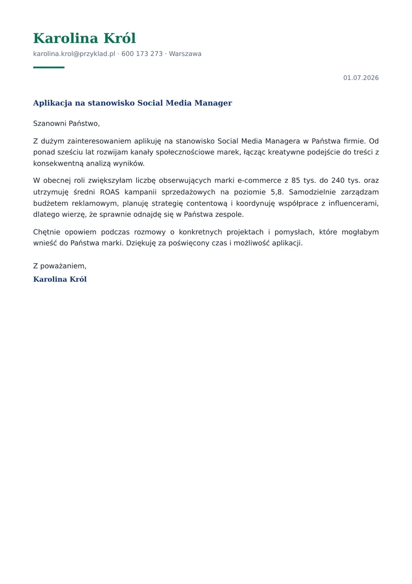 Wzór listu motywacyjnego — Social Media Manager
