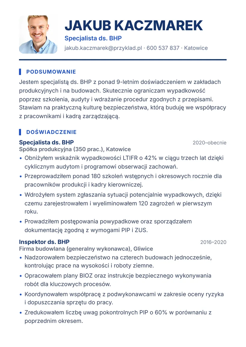 Wzór CV — Specjalista ds. BHP — strona 1