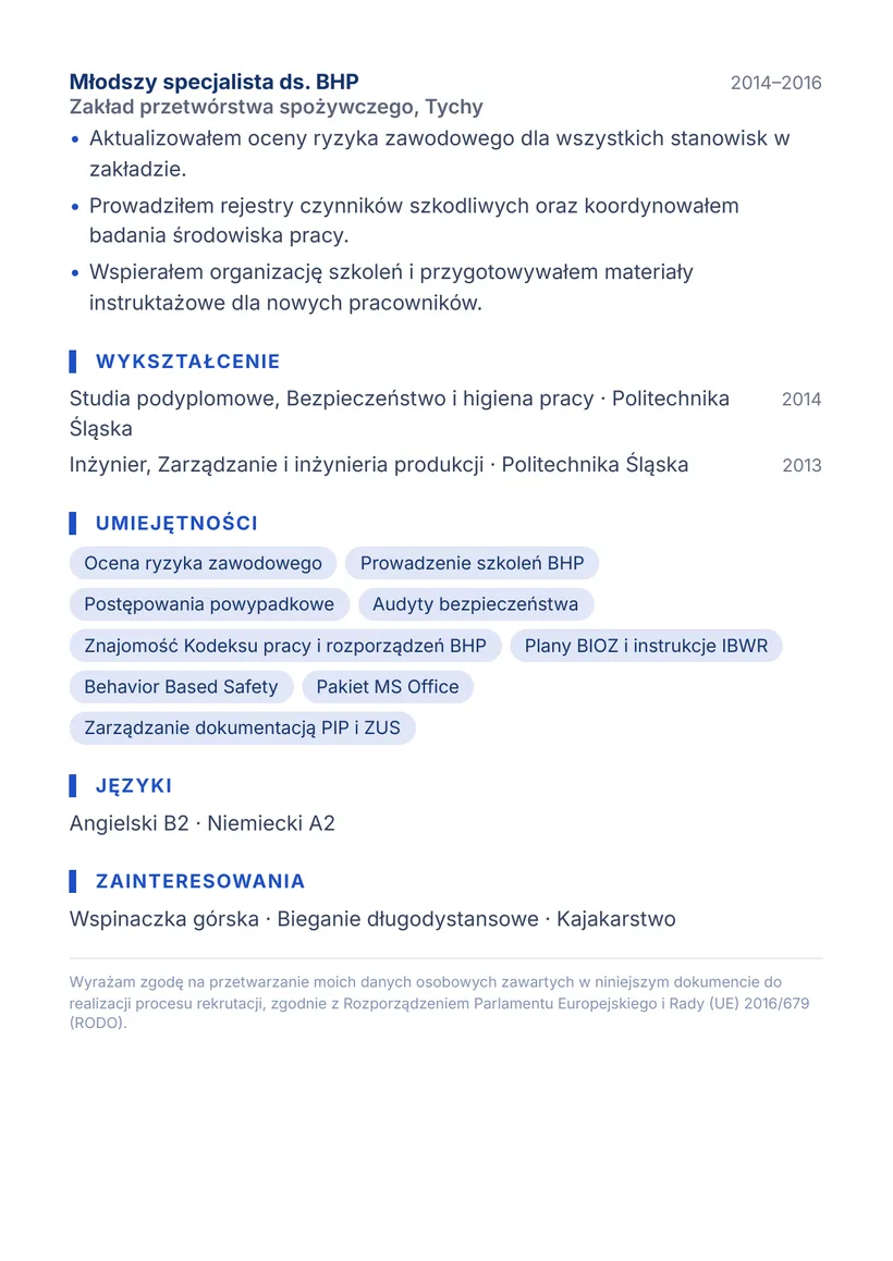 Wzór CV — Specjalista ds. BHP — strona 2