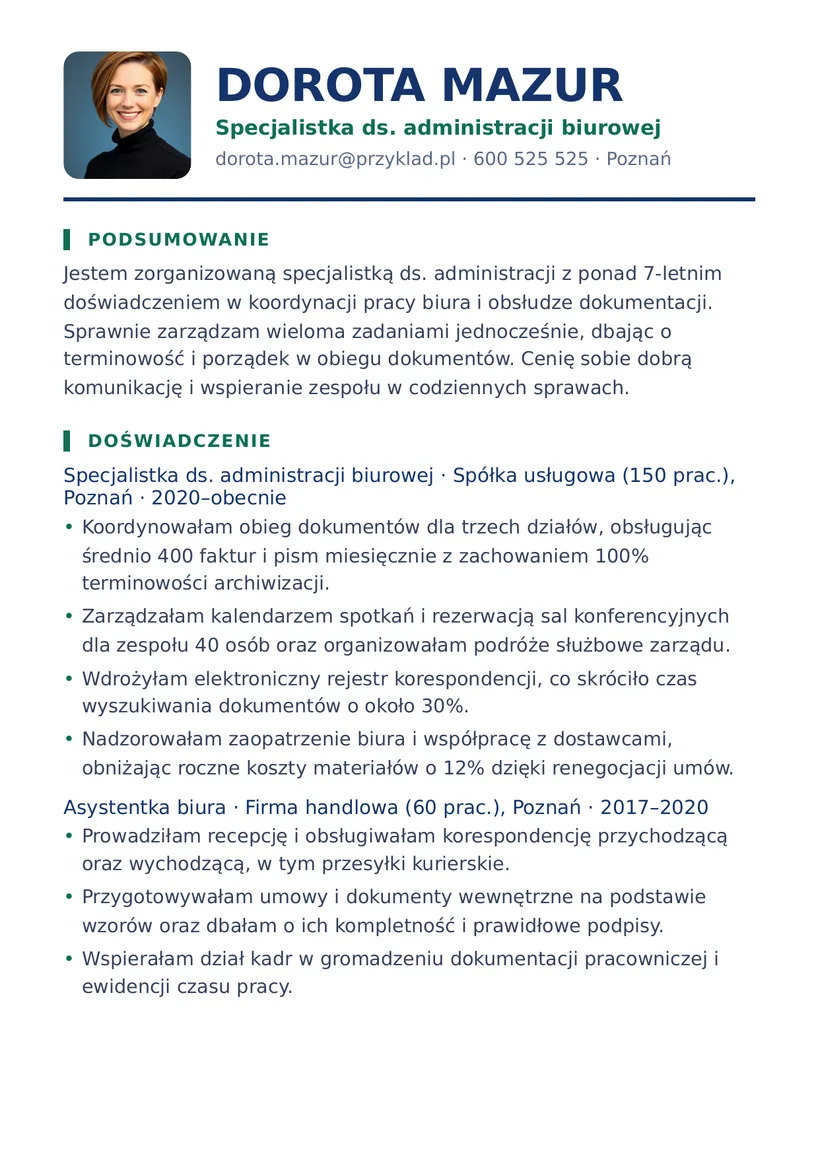 Wzór CV — Specjalista ds. administracji biurowej — strona 1