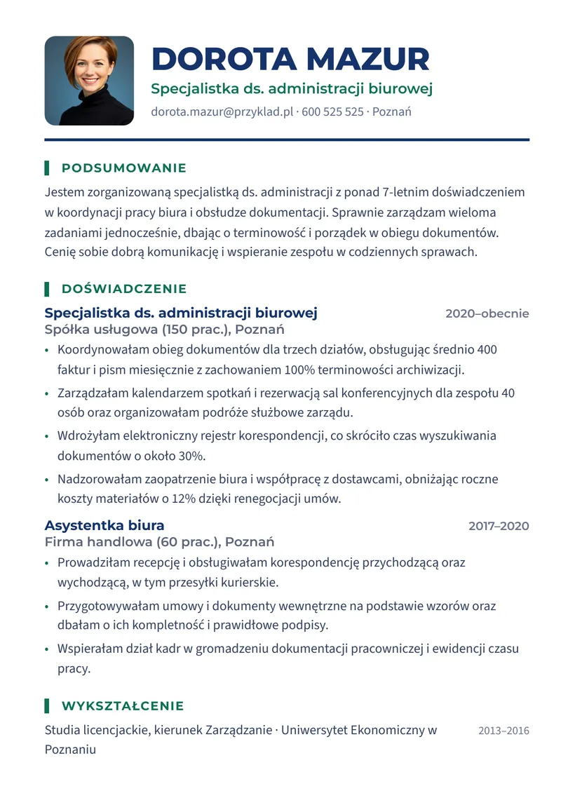 Wzór CV — Specjalista ds. administracji biurowej — strona 1