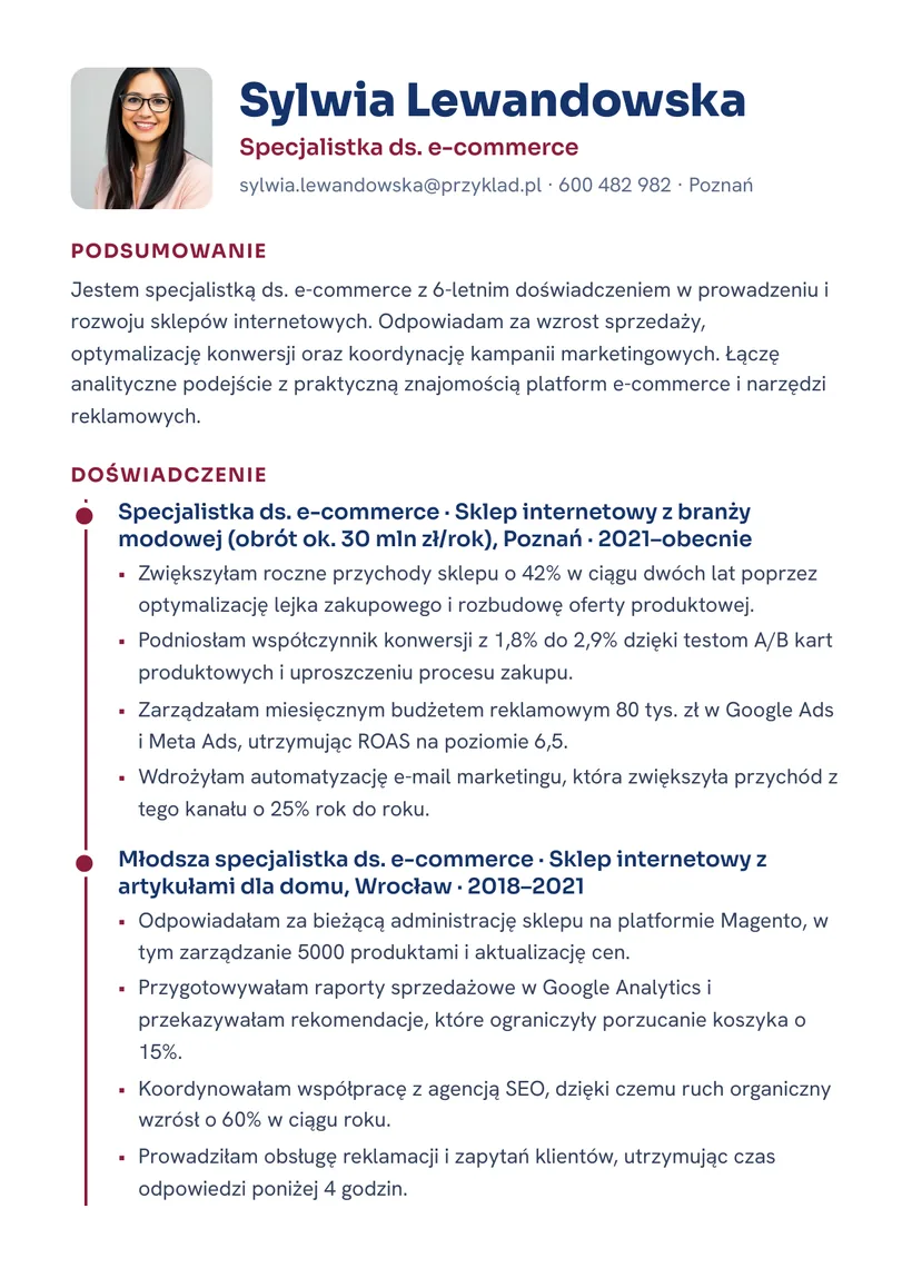 Wzór CV — Specjalista ds. e-commerce — strona 1