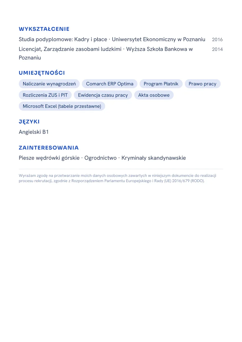 Wzór CV — Specjalista ds. kadr i płac — strona 2