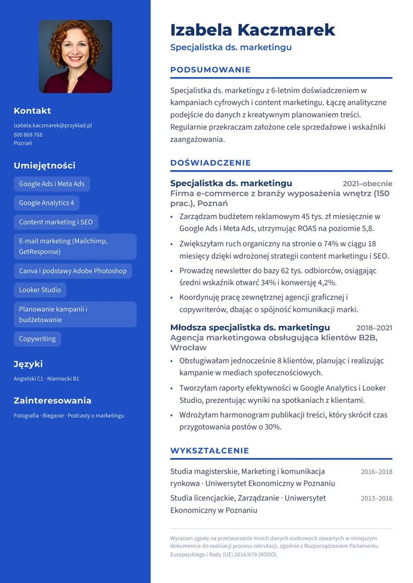 Wzór CV — Specjalista ds. marketingu — strona 1
