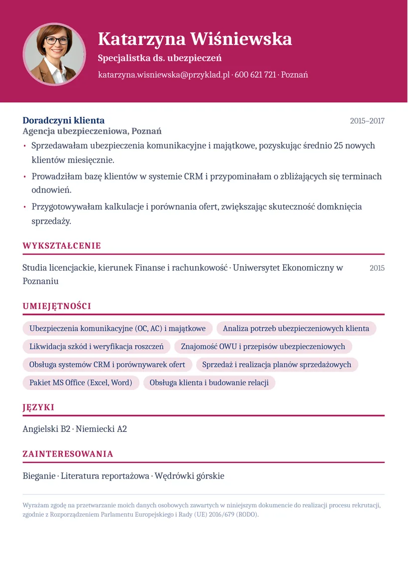 Wzór CV — Specjalista ds. ubezpieczeń — strona 2