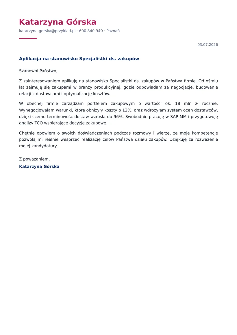 Wzór listu motywacyjnego — Specjalista ds. zakupów