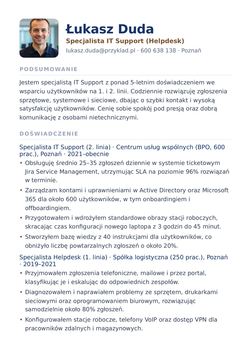Wzór CV — Specjalista IT Support (helpdesk) — strona 1