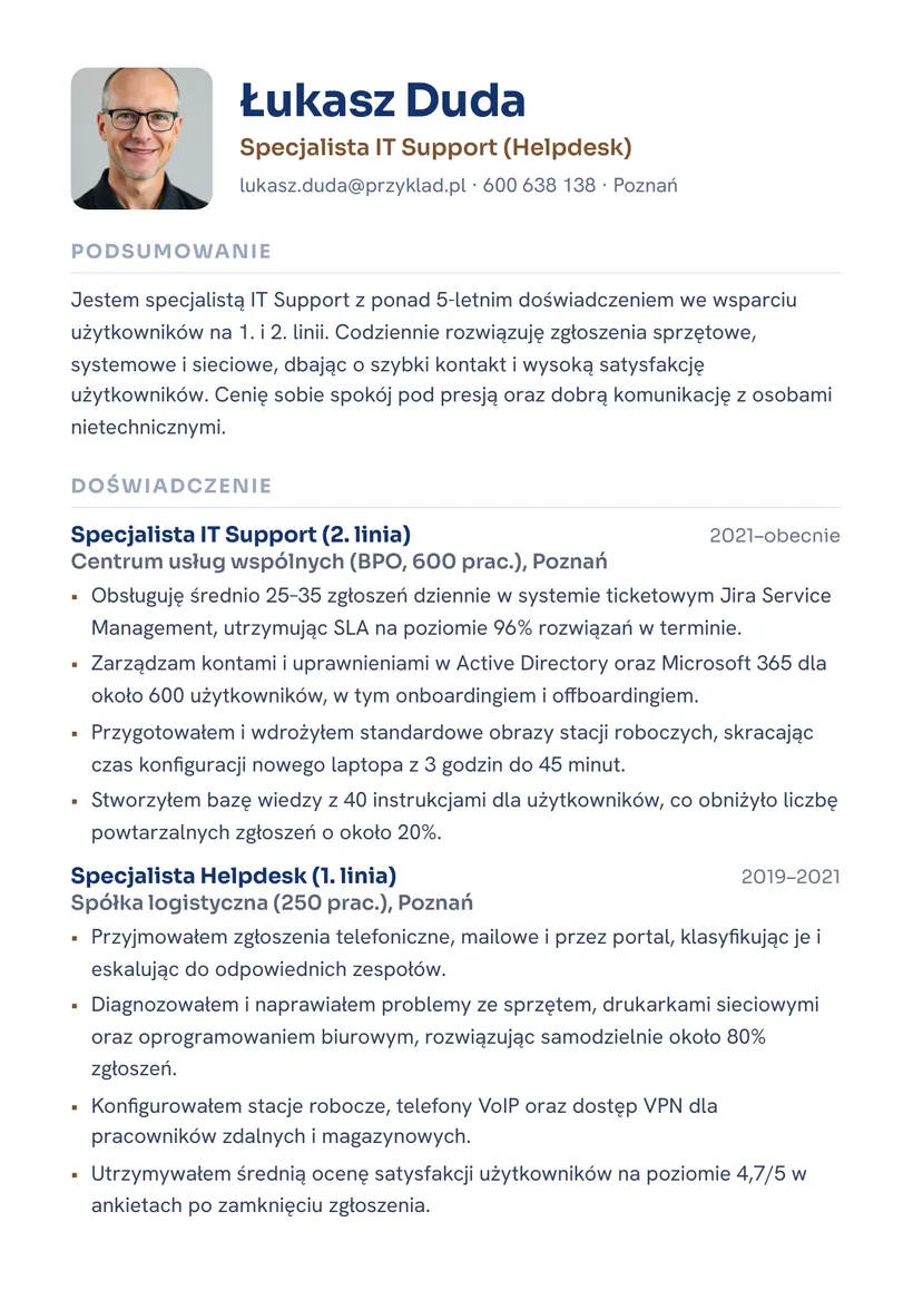 Wzór CV — Specjalista IT Support (helpdesk) — strona 1