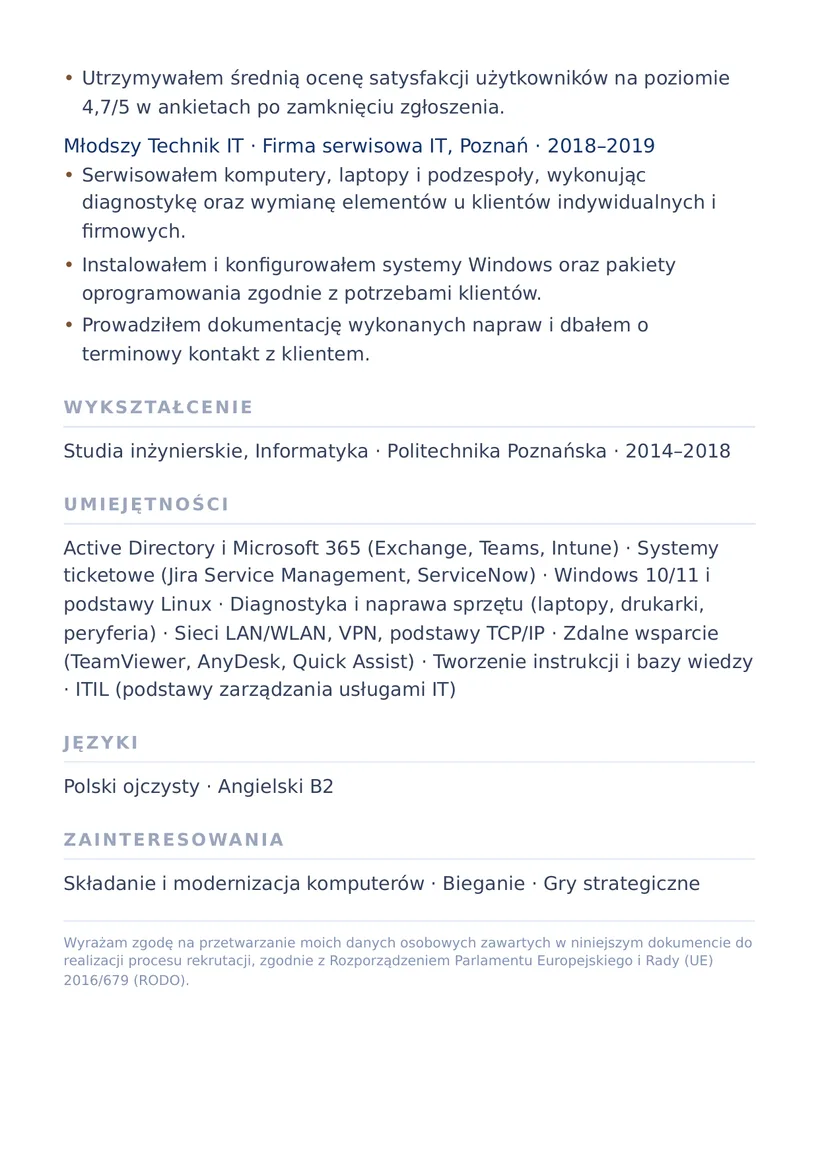 Wzór CV — Specjalista IT Support (helpdesk) — strona 2