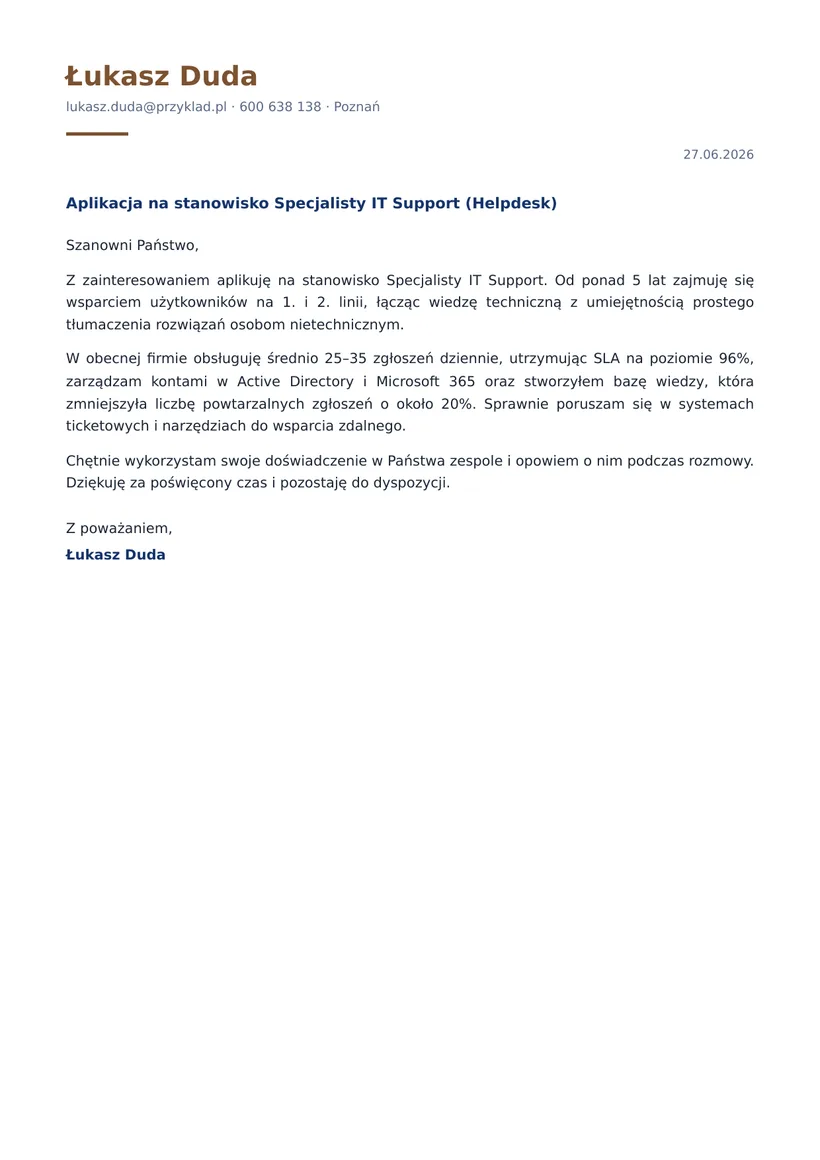 Wzór listu motywacyjnego — Specjalista IT Support (helpdesk)