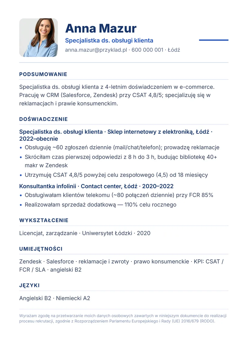 Wzór CV — Specjalista ds. obsługi klienta — strona 1