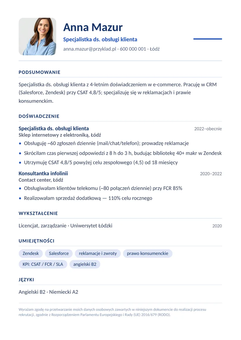 Wzór CV — Specjalista ds. obsługi klienta — strona 1