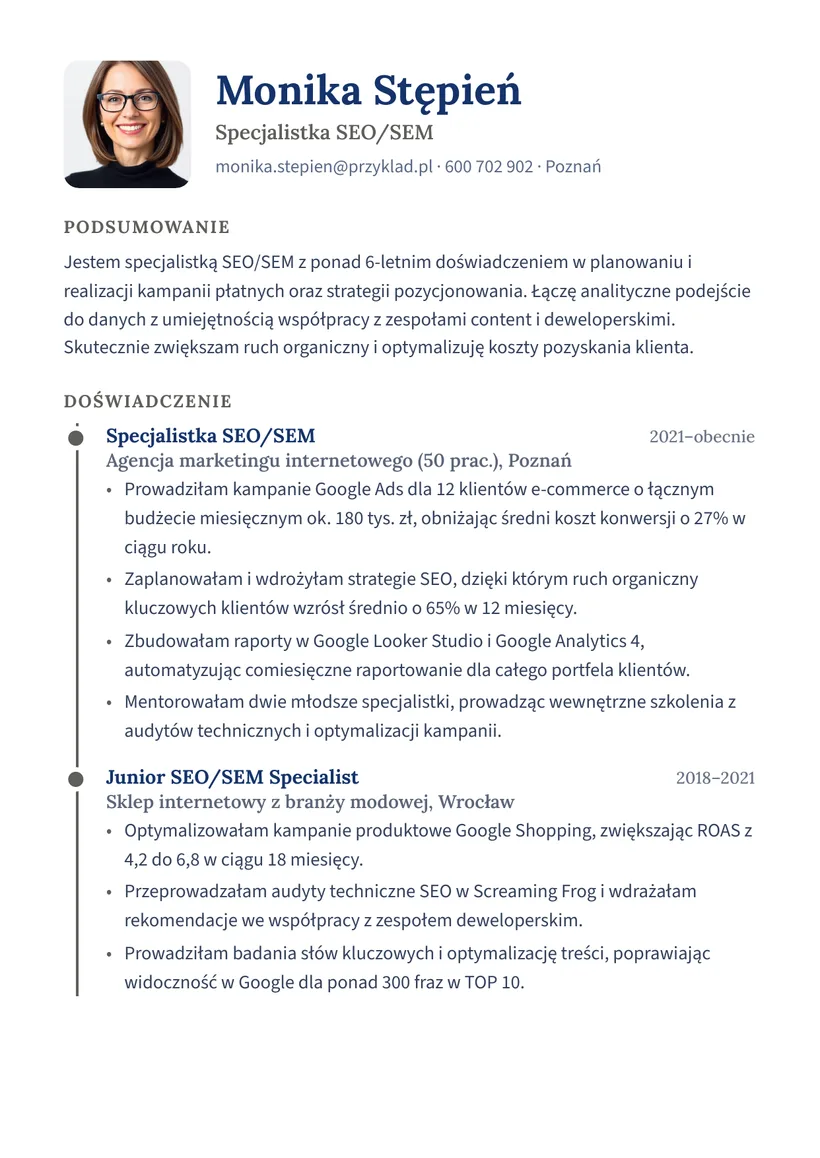 Wzór CV — Specjalista SEO/SEM — strona 1