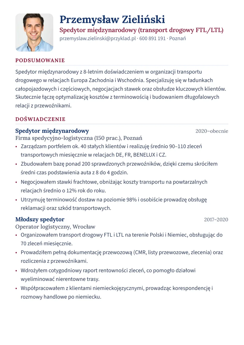 Wzór CV — Spedytor międzynarodowy — strona 1