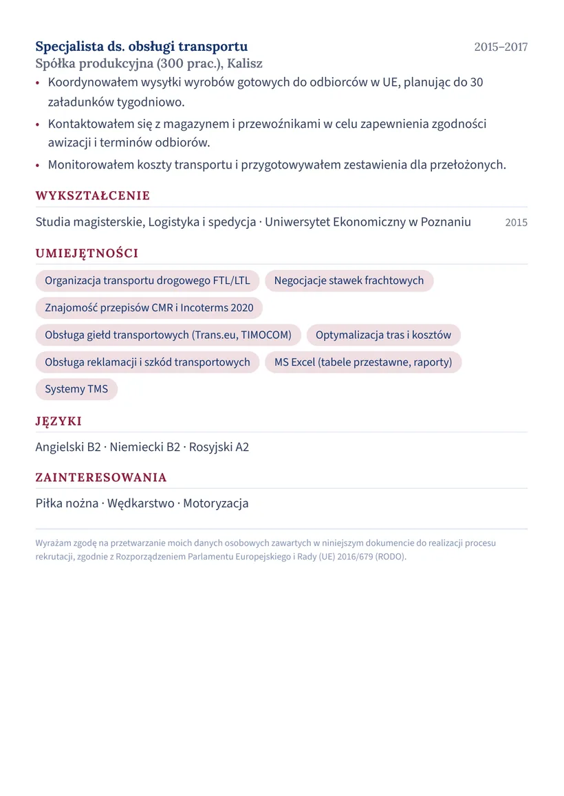 Wzór CV — Spedytor międzynarodowy — strona 2