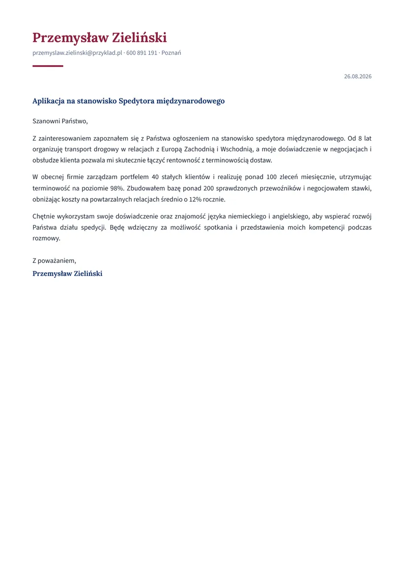 Wzór listu motywacyjnego — Spedytor międzynarodowy