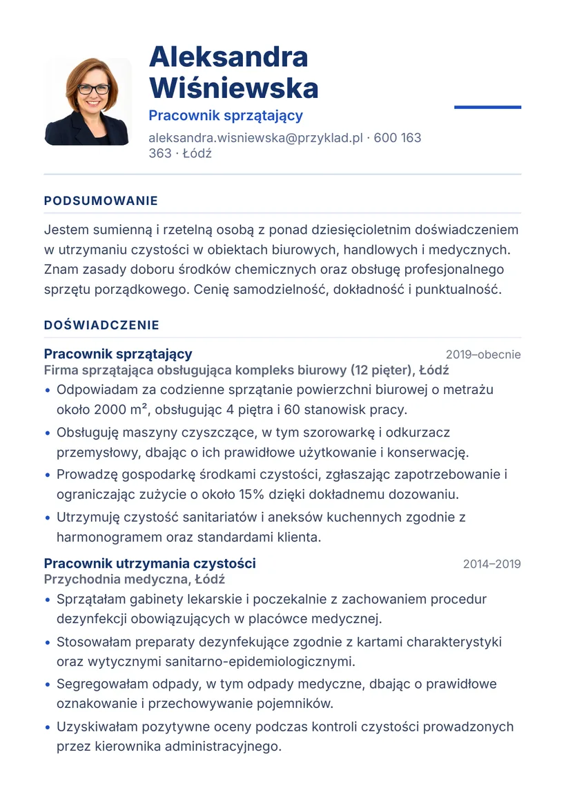 Wzór CV — Pracownik sprzątający — strona 1